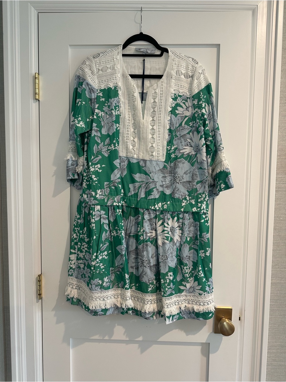 Tuckernuck Green and White Floral Mini Dress with Lace Trim